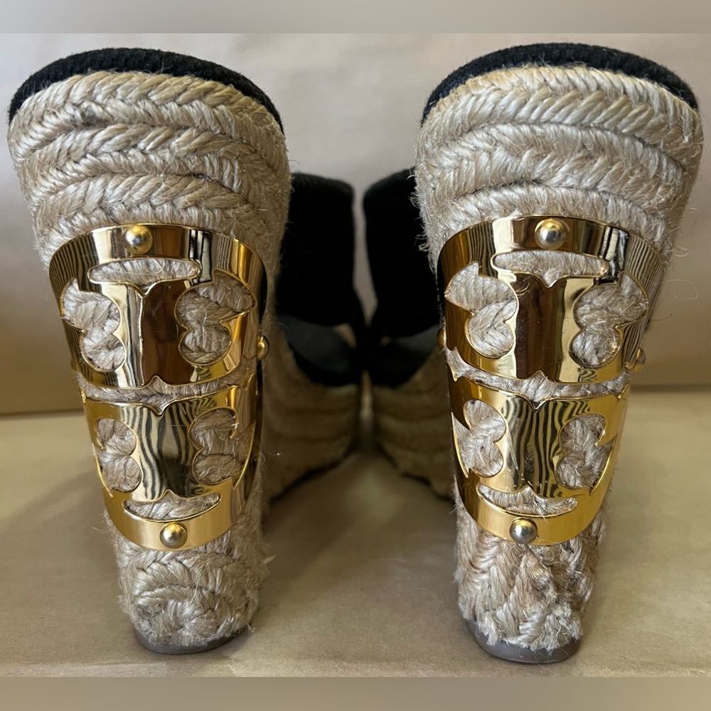 Tory Burch Black and Gold Woven Wedges